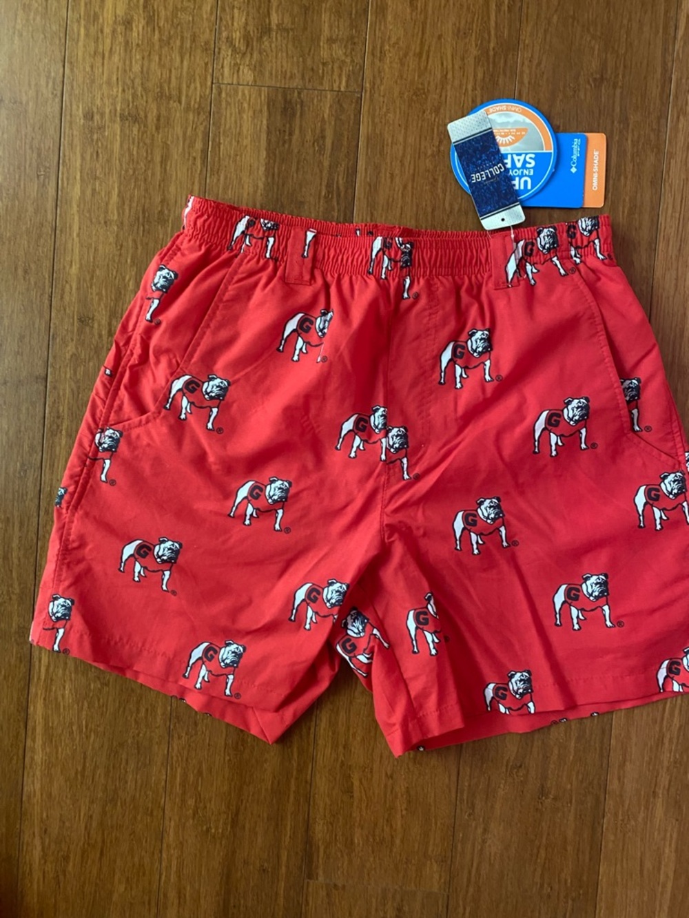 Red Bulldog Print Swim Trunks